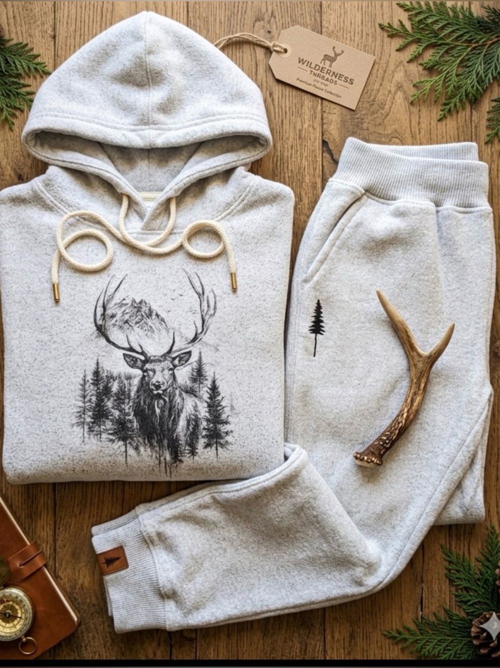 Gray Hoodie and Sweatpants Set with Deer Print